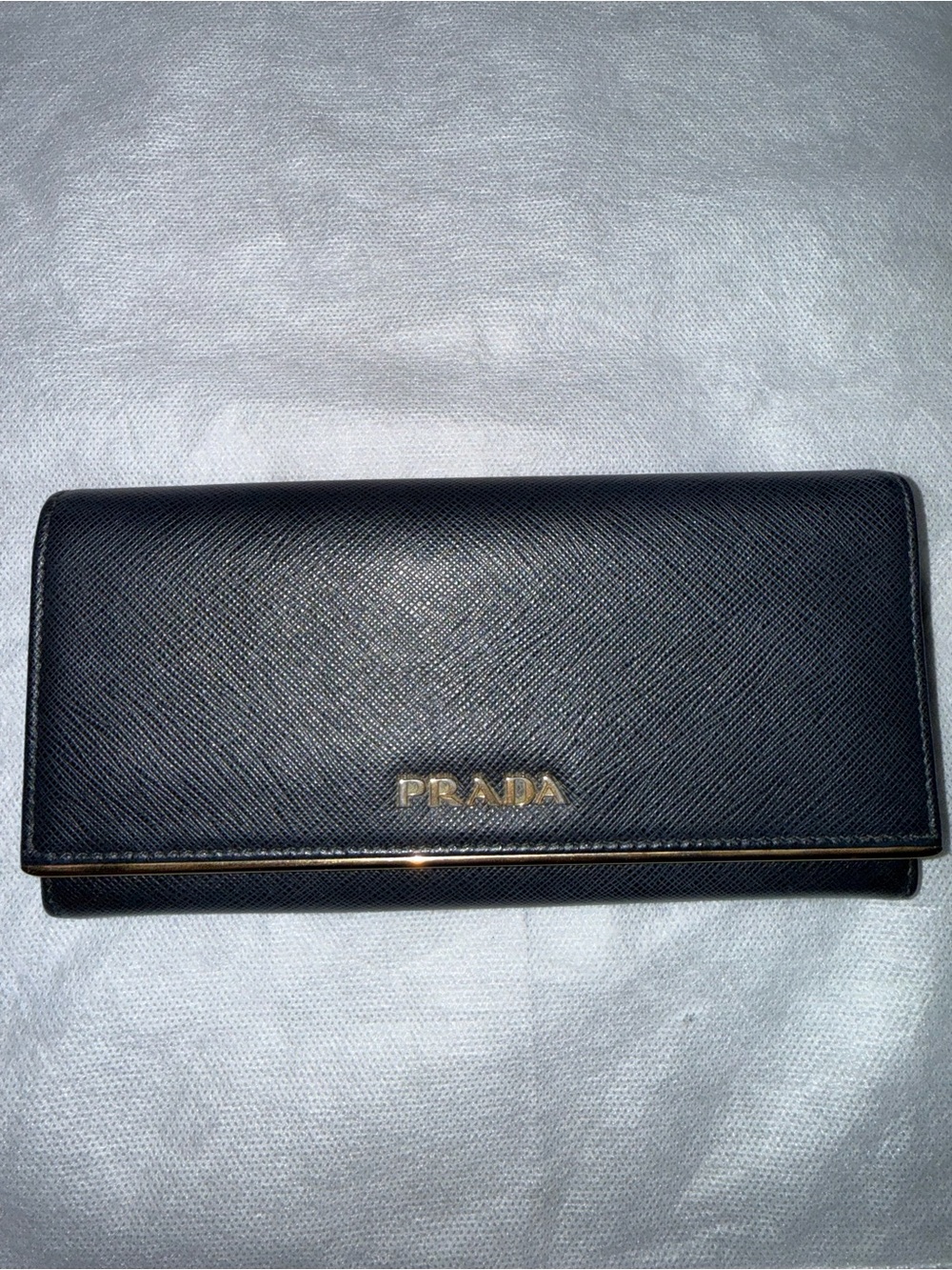 Prada Black Saffiano Leather Continental Wallet with Gold Logo Trim